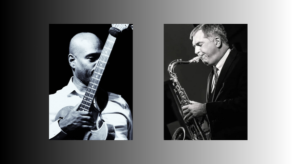 A Black and White image of Edison Herbert on guitar and Simon Spillett on tenor sax