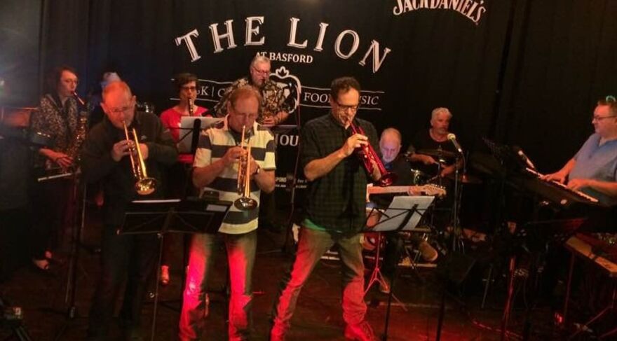 Group photo of members of the Nottingham Jazz Workshop performing at the Lion in Basford