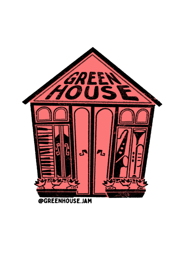 A stylized illustration of a small house with a triangular roof labeled “GREEN HOUSE.” The house is drawn in shades of coral pink with black line details. Its two central doors feature musical note symbols, and the side windows contain graphic shapes resembling musical instruments and vertical patterns. Small decorative plant shapes sit along the base of the house.