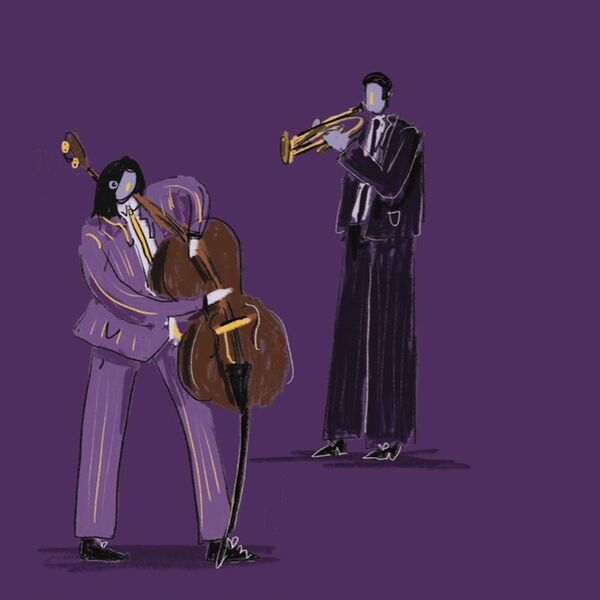 Artistic images of trumpeter an d bass player on purple background